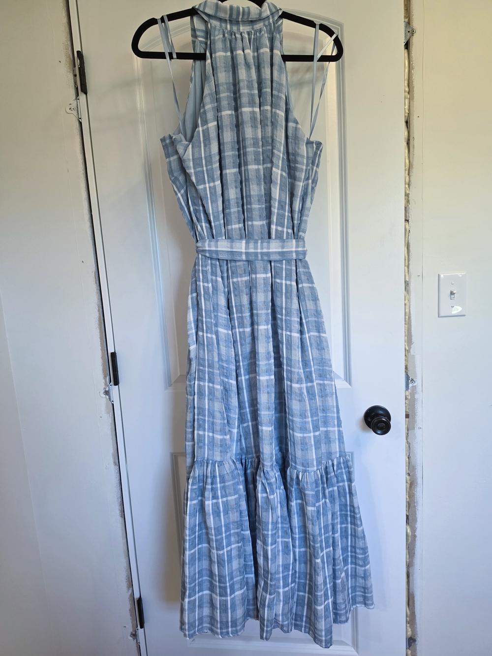 Anthropologie Sleeveless Light Blue Plaid Button-Front Maxi Dress - Picture 8 of 9